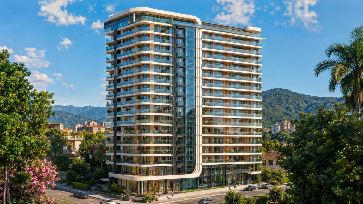 Developer rendering: the club house by day with mountains behind it