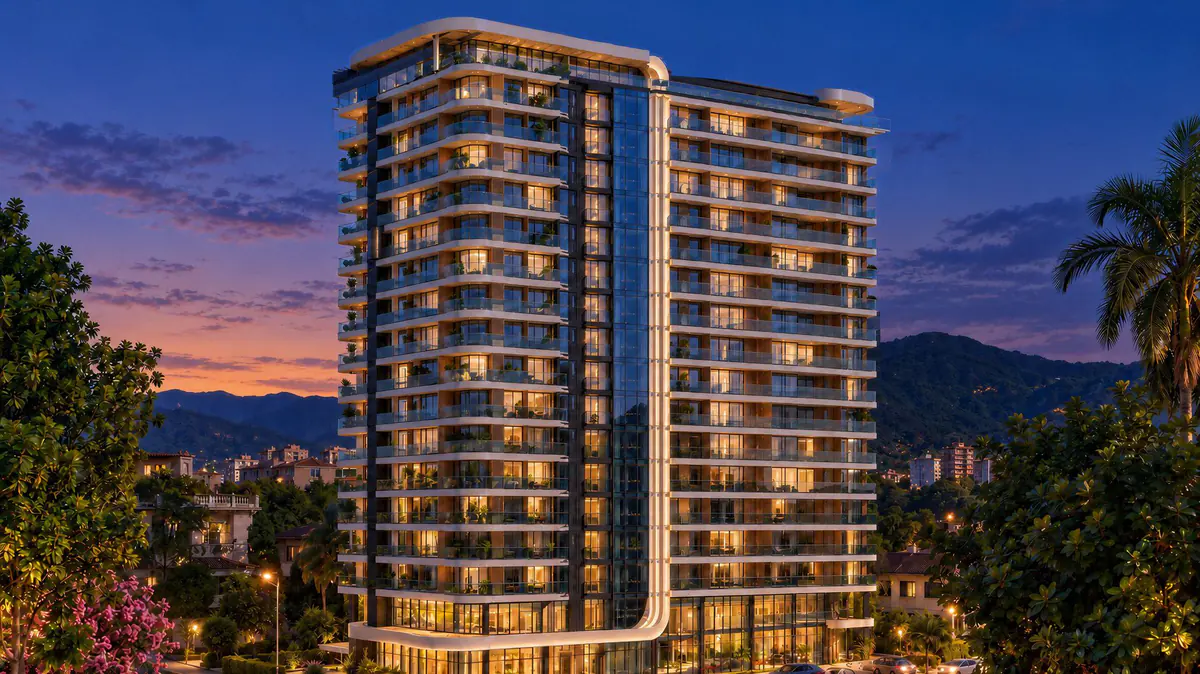 Developer rendering: the club house at dusk with the windows lit