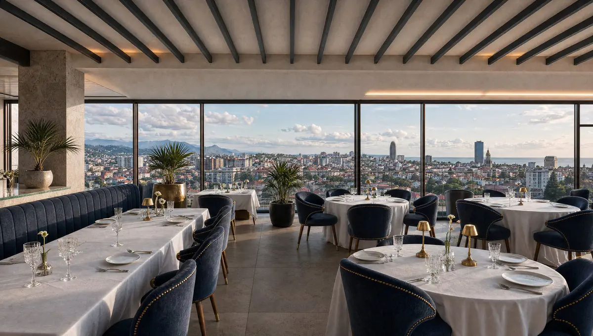 The rooftop restaurant: round tables by panoramic windows with the city and mountains behind