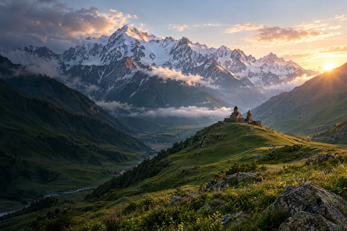 Illustration: the Caucasus mountains in Georgia at sunrise
