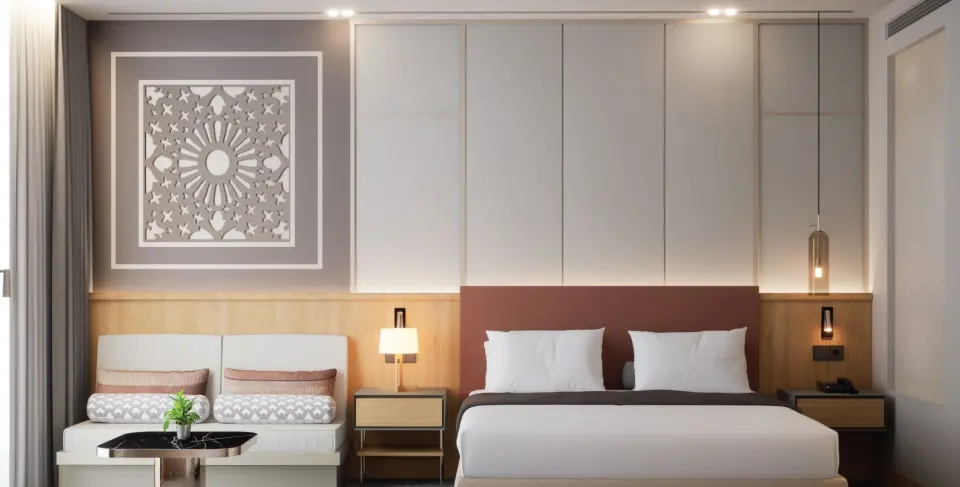 Rendering of a studio: bed, sofa by the window and a desk